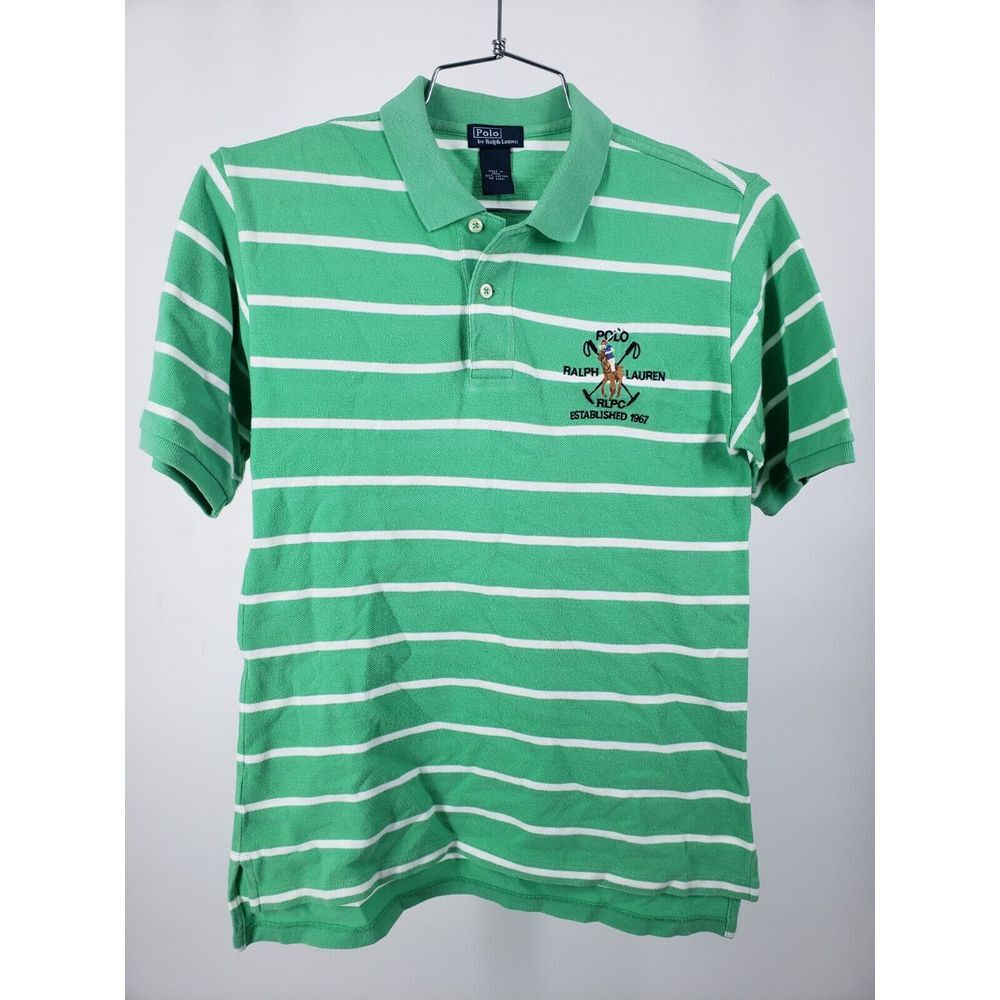 Polo Ralph Lauren Children Youth L‎ Green White Striped Shirt Big Pony *See Desc